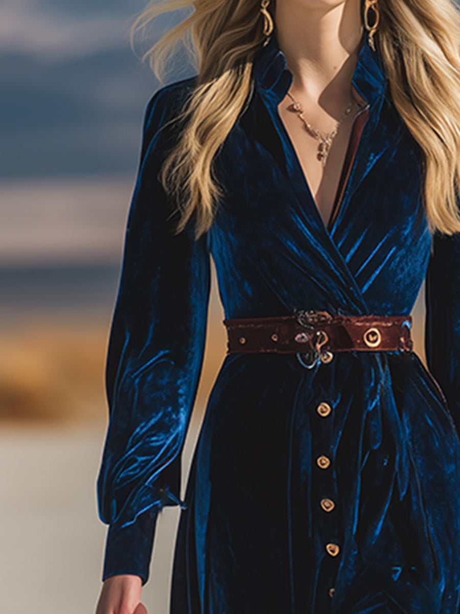 Vintage Western Royal Blue Gradient Brown Velvet Maxi Dress