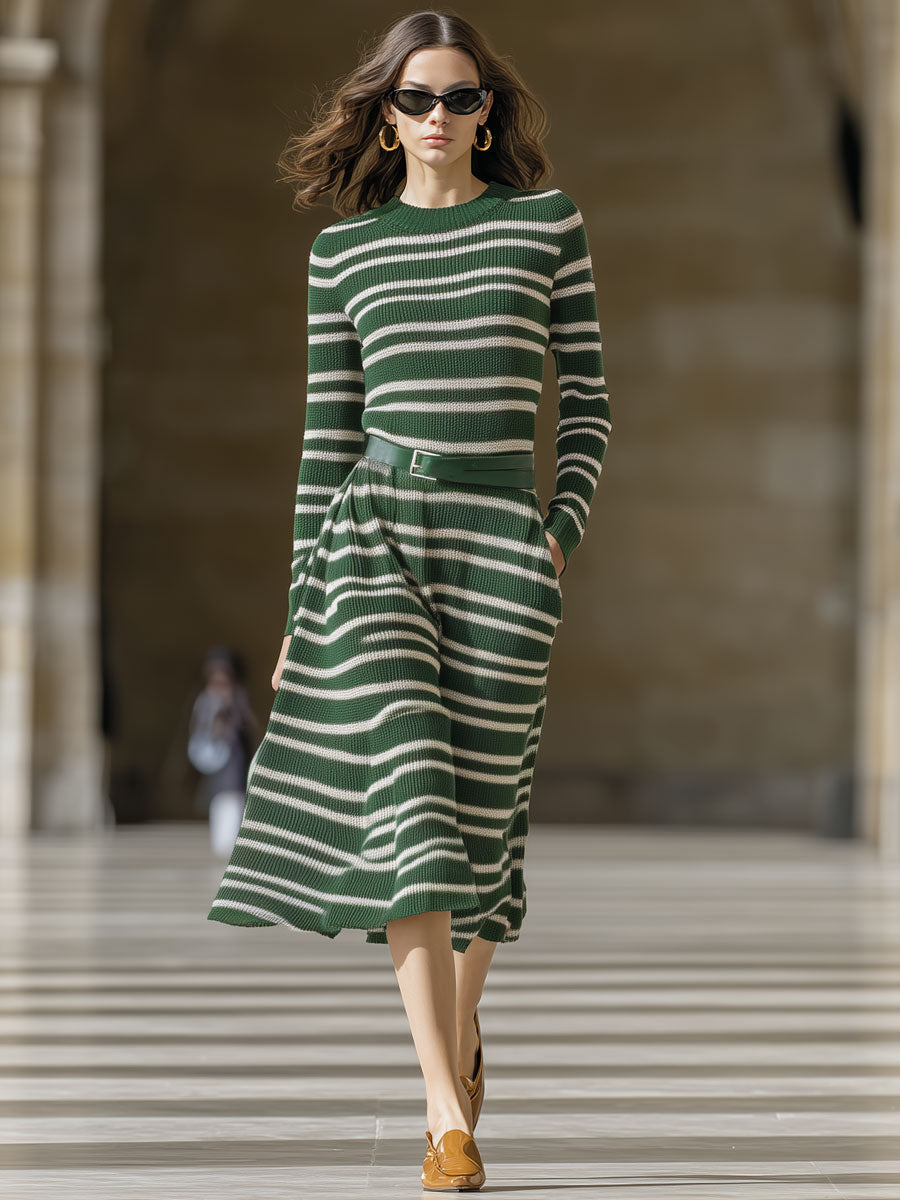 Vintage Green And White Striped Knitted Long-Sleeved A-Line Midi Dress