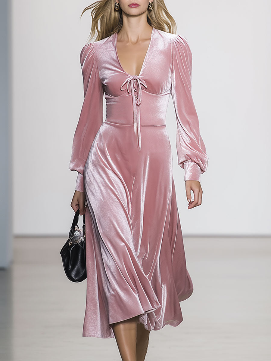 Vintage V-Neck Tie Pink Velvet Long-Midi Dress
