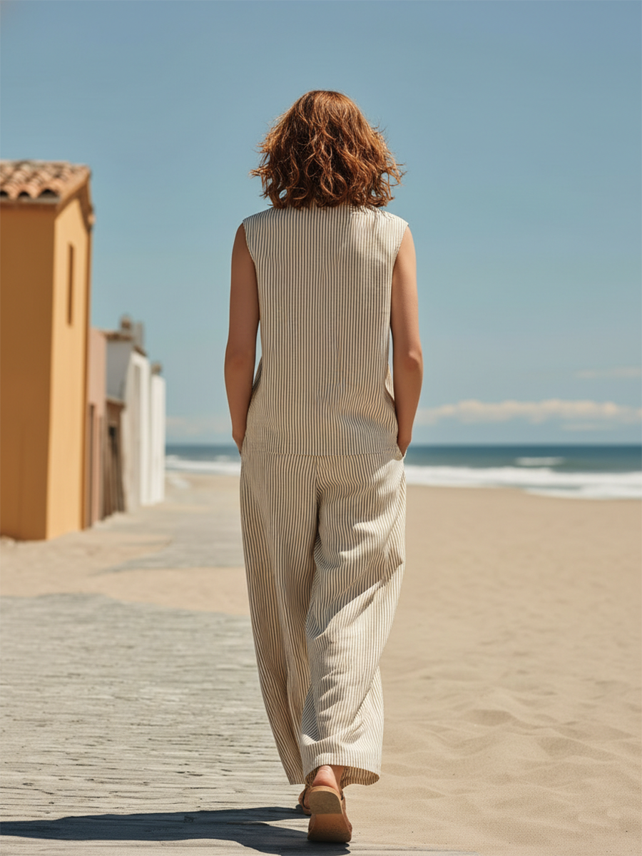 Vacation-style Striped Sleeveless V-neck Top And Trousers Set