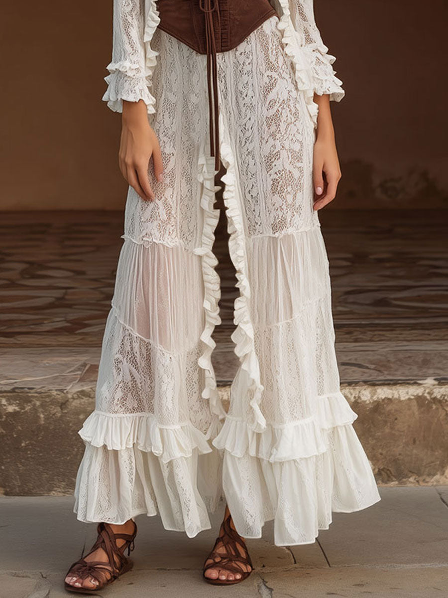 Retro Bohemian White Lace Ruffle Cardigan Wide Leg Pants Set