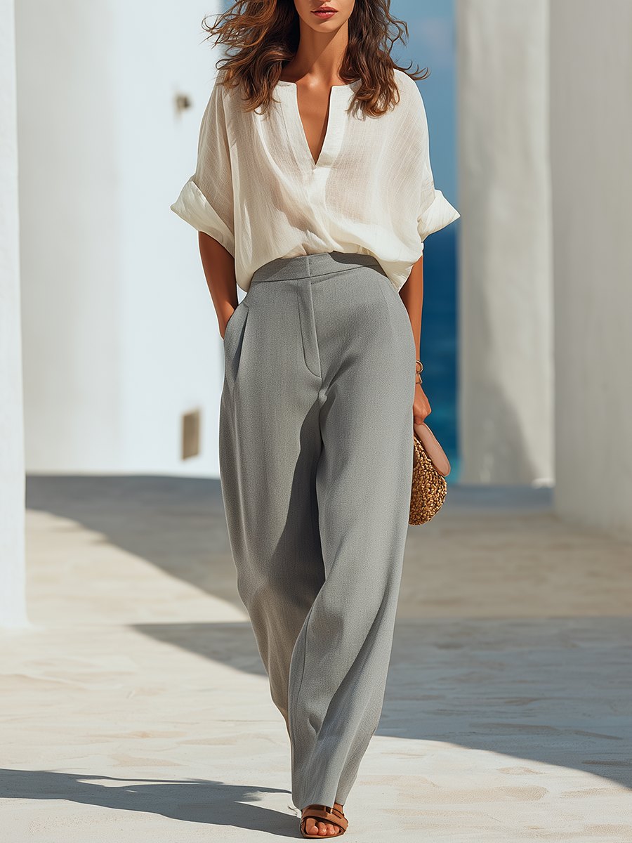 Resort-style Short-sleeved Top And Gray Trouser Set