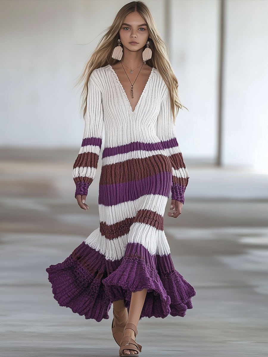Elegant And Fashionable White And Purple Striped V-Neck Fishtail Midi Dress