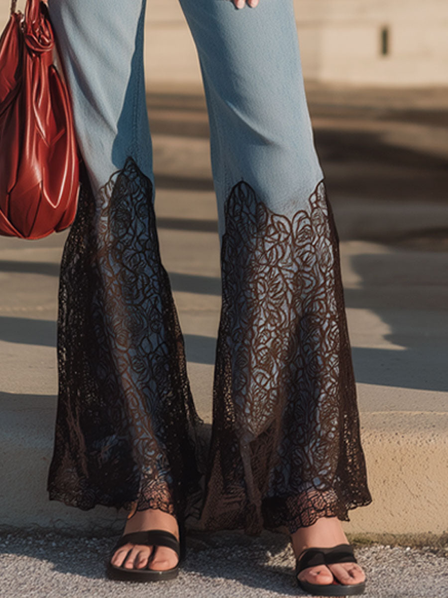Vintage Elegant Black Lace Flared Light Blue Jeans