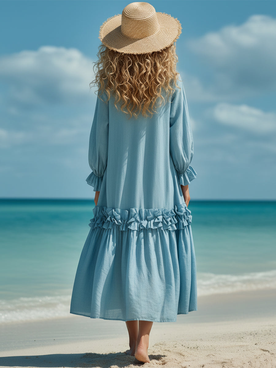 Fashionable Vacation Button Detail Light Blue Long-sleeved Maxi Dress