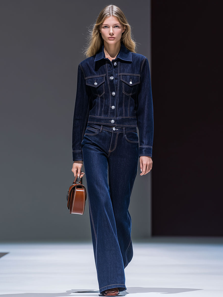 Retro Fashion Temperament Denim Long Sleeve Pocket Denim Suit
