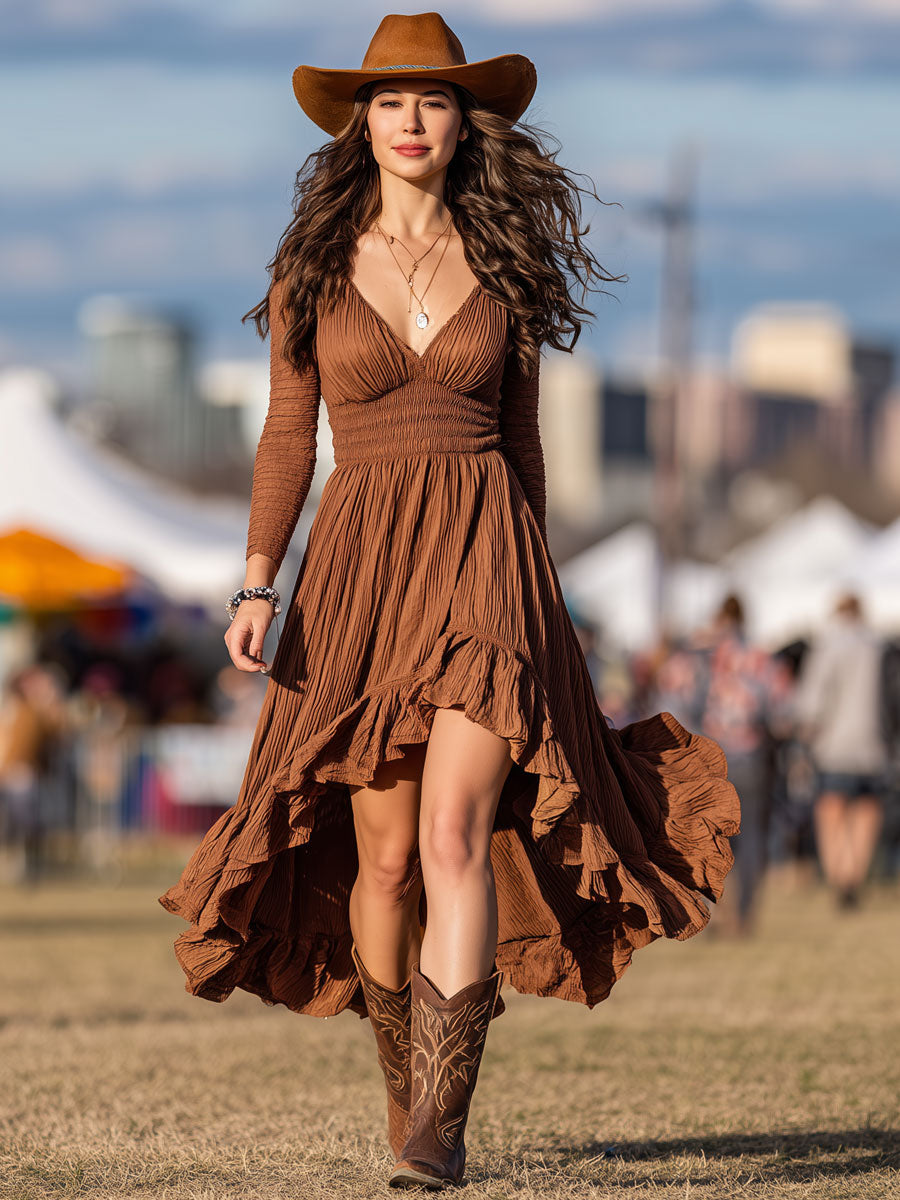 Western Retro Caramel Textured Pleated Long Sleeve Ruffled Midi Dress