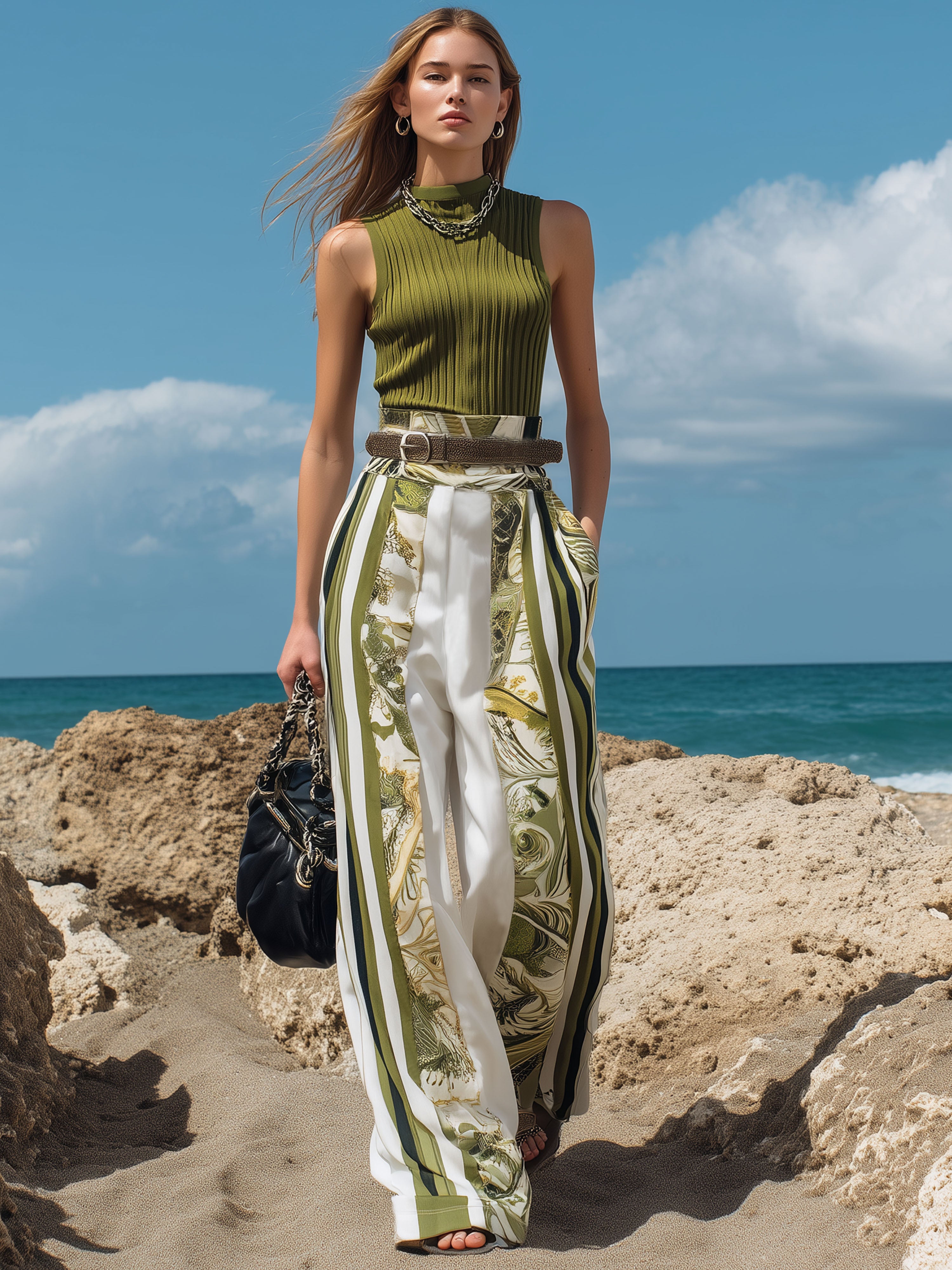 Vacation Sleeveless Top With Satin Print Green Jumpsuit