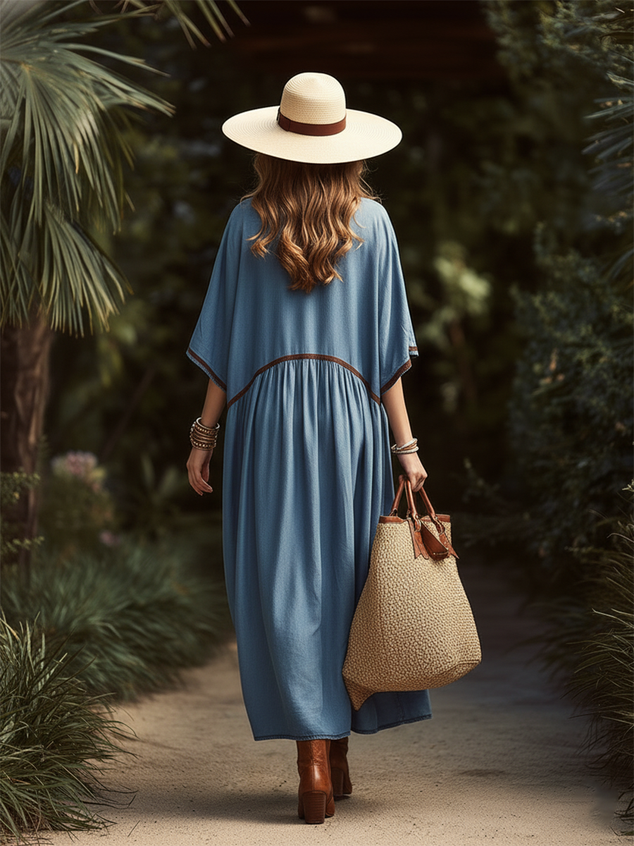 Casual Vacation Brown Woven Strap Short-sleeved Denim Maxi Dress