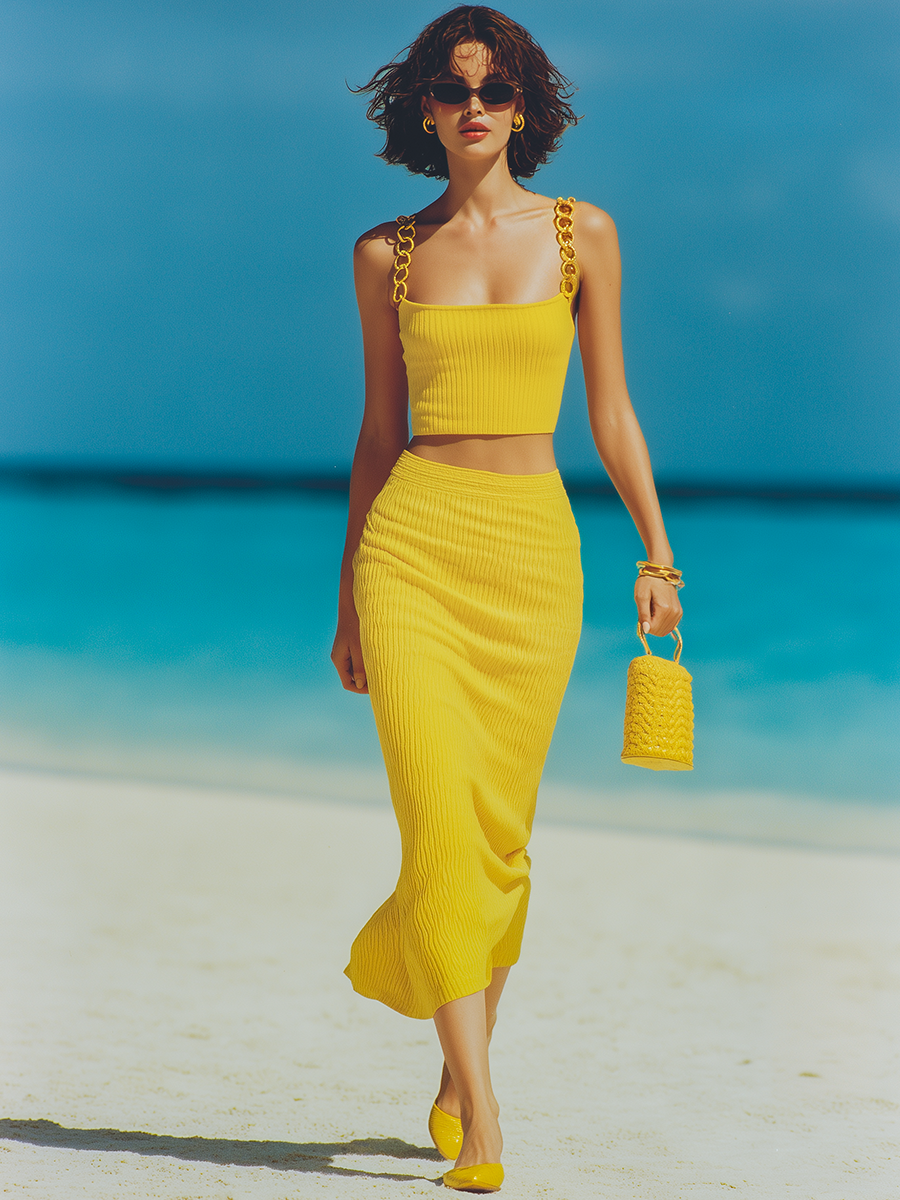 Vacation-style Yellow Knitted Camisole And Skirt Set