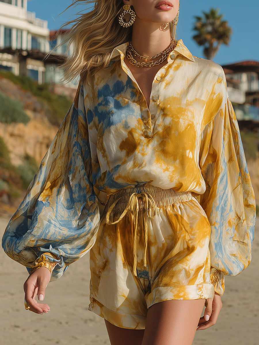 Bohemian Resort Mustard Yellow And Blue Tie-Dye Chiffon Shirt And Shorts Set