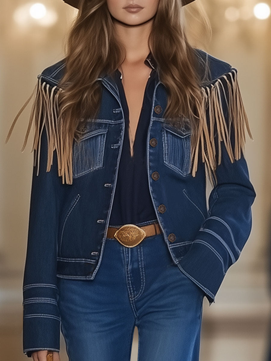Casual Vintage Dark Blue Denim Suede Fringe Jacket
