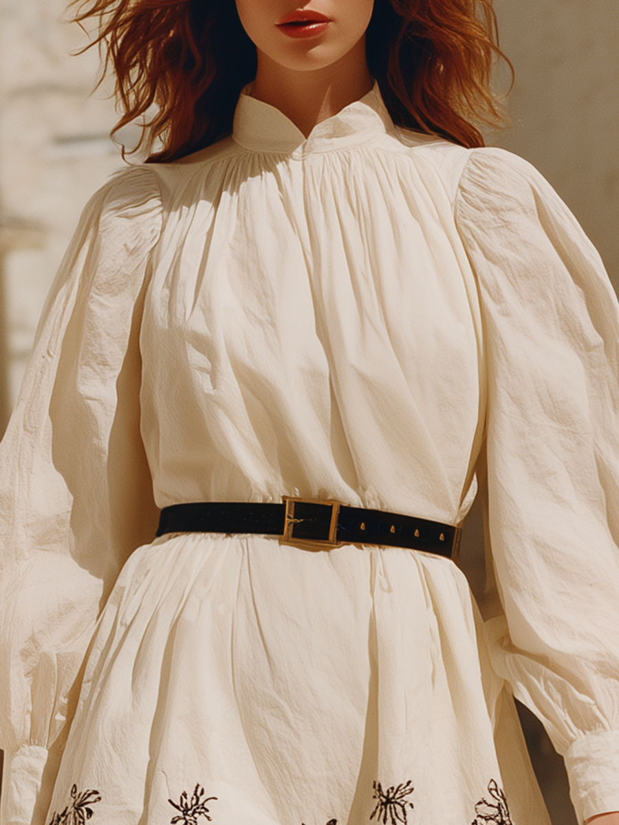 Vacation-style White Embroidered Stand-collar Mini Dress