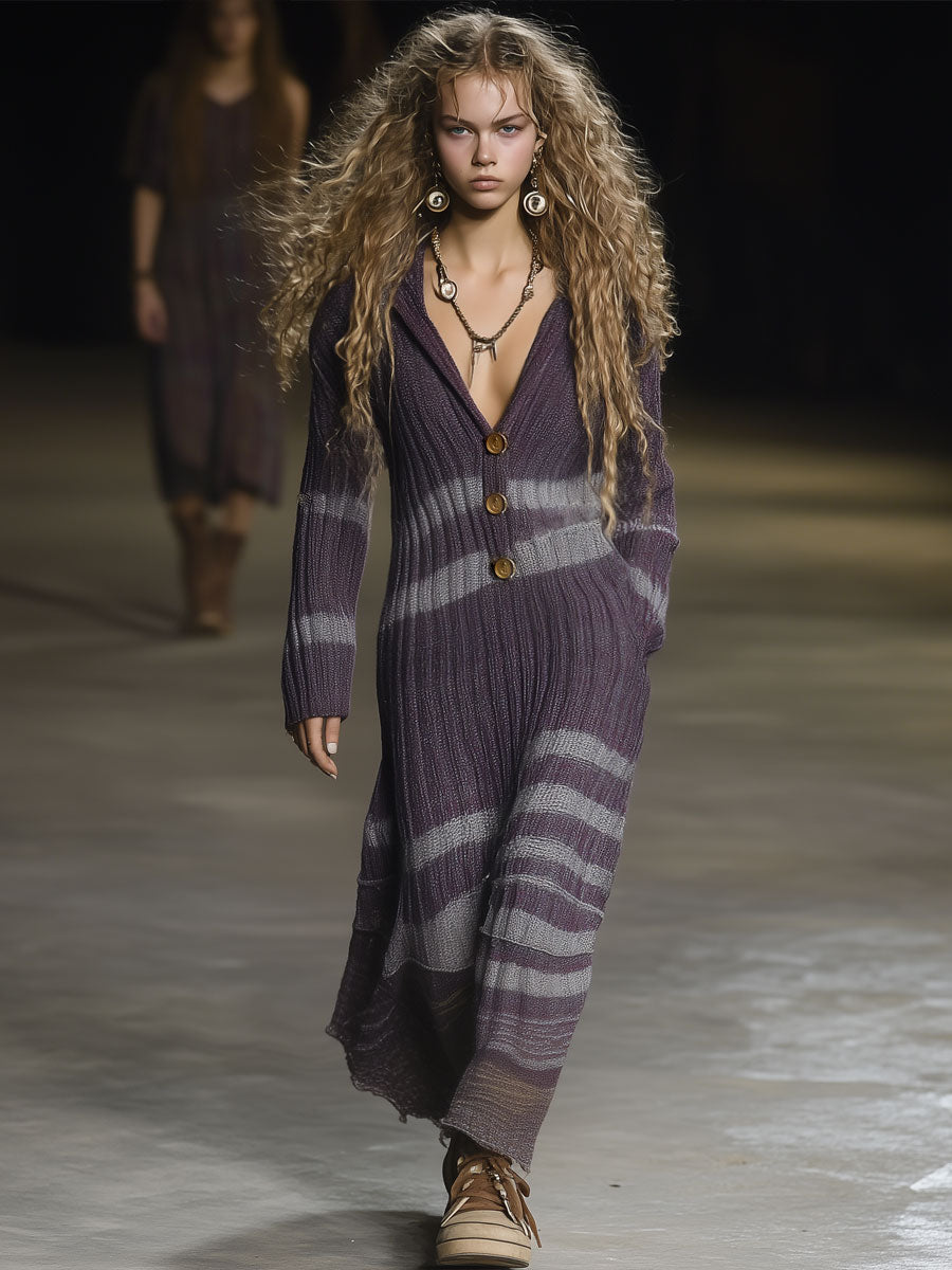 Retro Casual Grape Purple Woolen Ribbed Hooded Maxi Dress