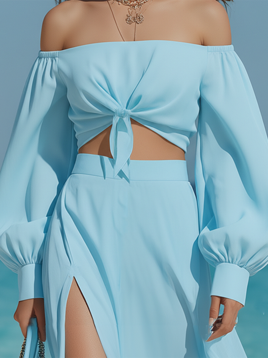 Vacation-style Blue Chiffon Off-the-shoulder Top And Skirt Set