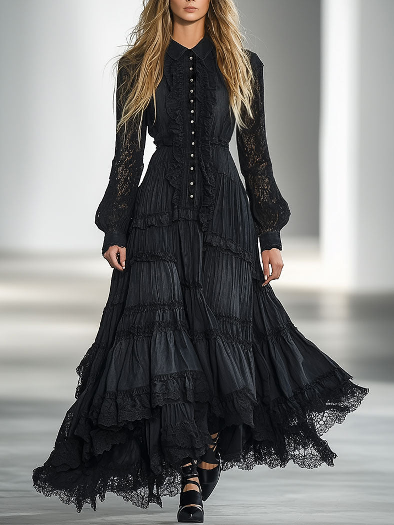Retro Elegant Black Washed Cotton Splicing Lace Long Sleeve Lapel Maxi Dress