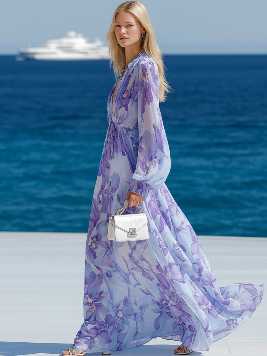 Bohemian Romantic Purple Floral Print Chiffon V-Neck Puff Sleeve Maxi Dress