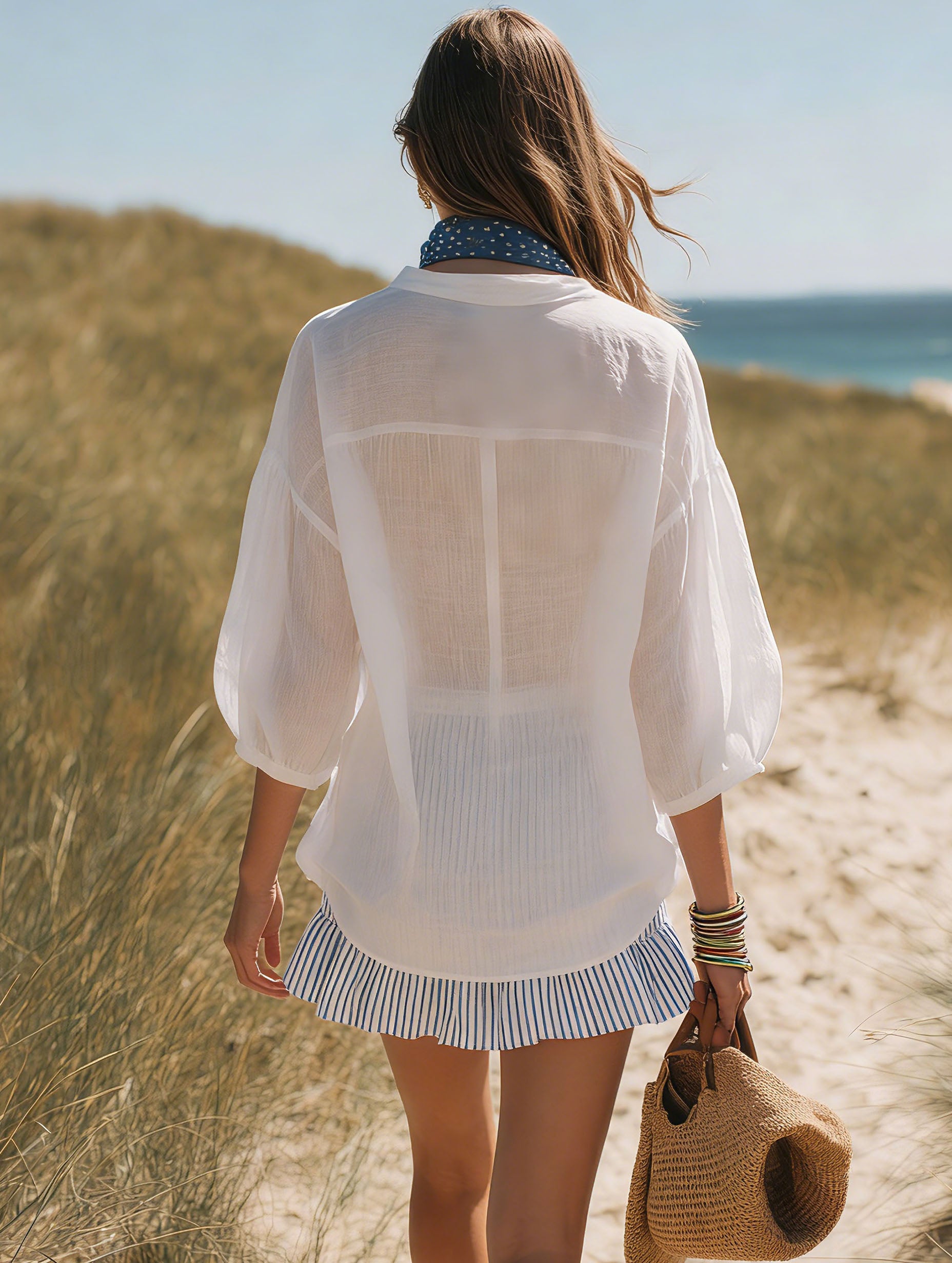 Resort-Style Blue White Striped Chiffon Mini Skirt Short-Sleeved Shirt Scarf Set