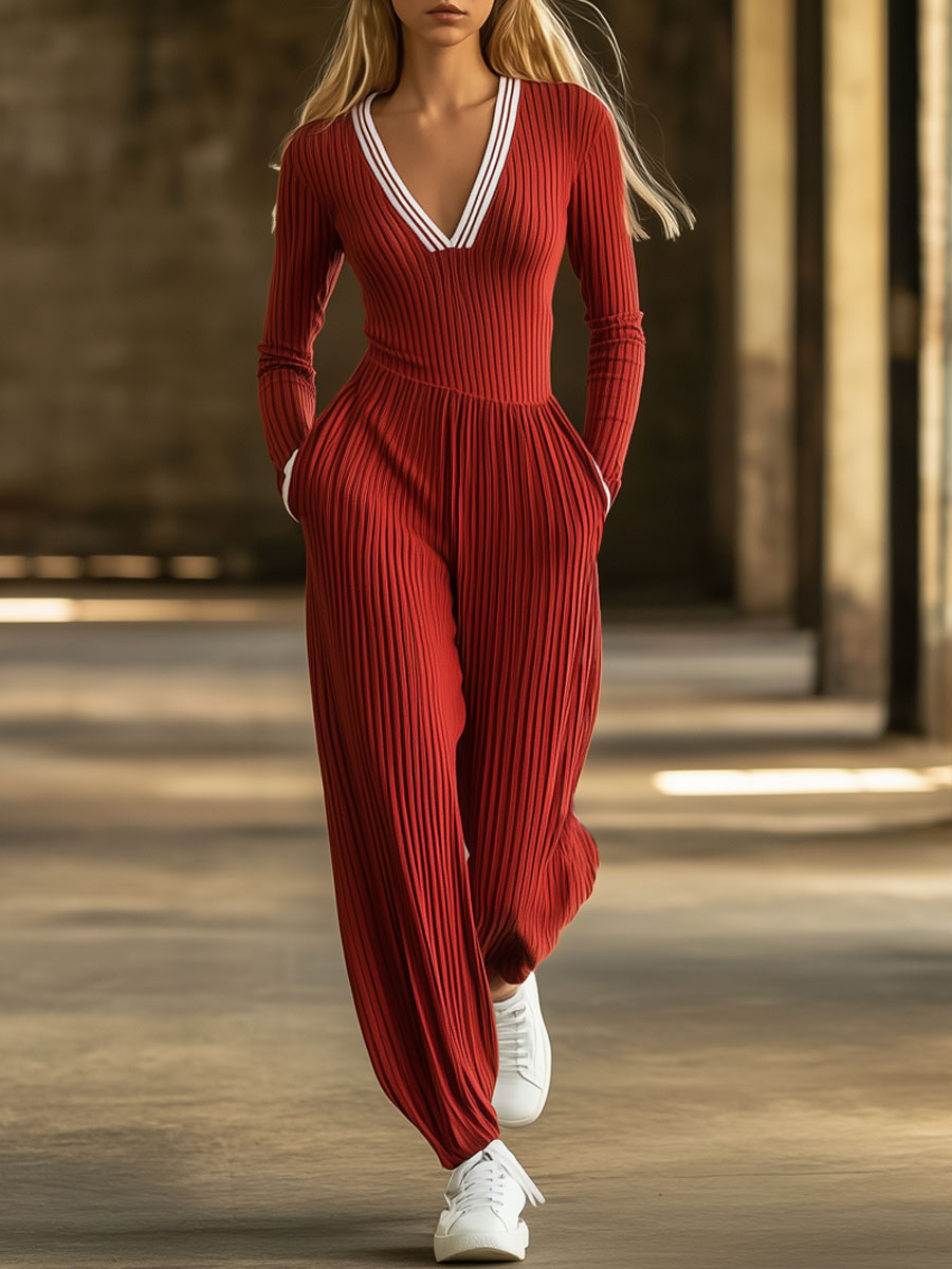 Fashionable Red Knitted White Striped Long-Sleeved Sports Jumpsuit