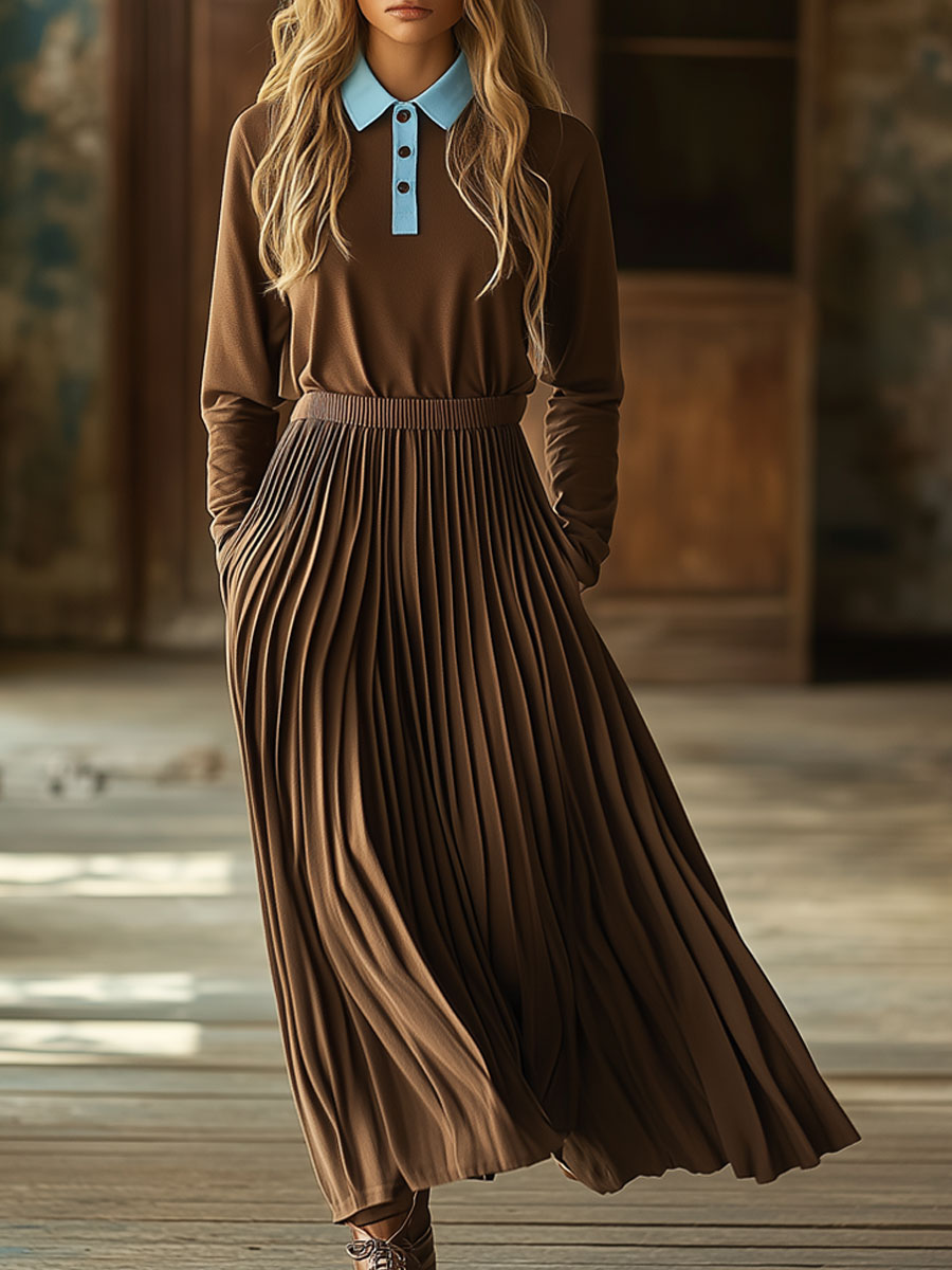 Retro Blue Polo Shirt Brown Long Sleeve Pleated Skirt Sports Set
