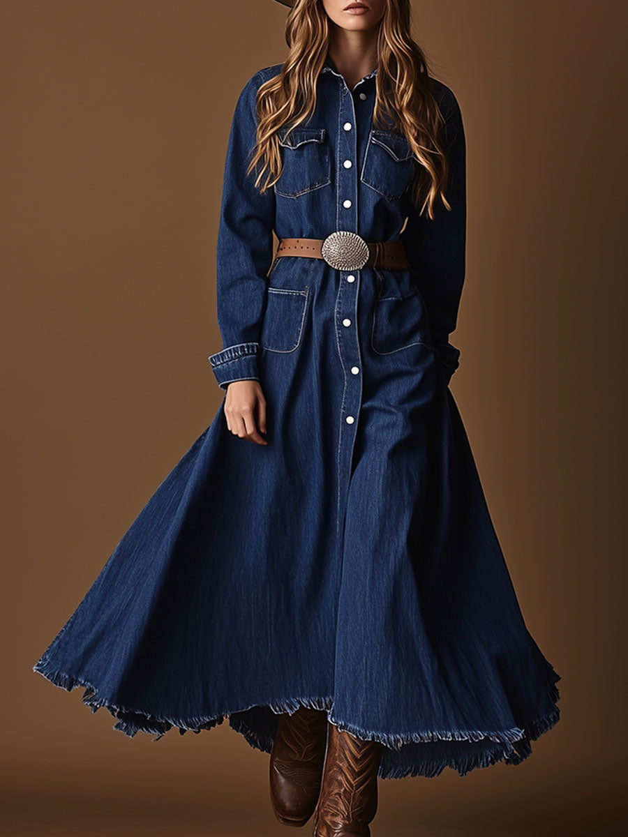 Vintage Lace-Up Navy Denim Multi-Pocket Long Sleeve Raw Edge Maxi Dress