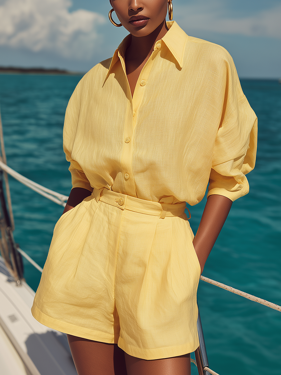 Casual Resort-style Yellow Cotton Shirt And Shorts Set
