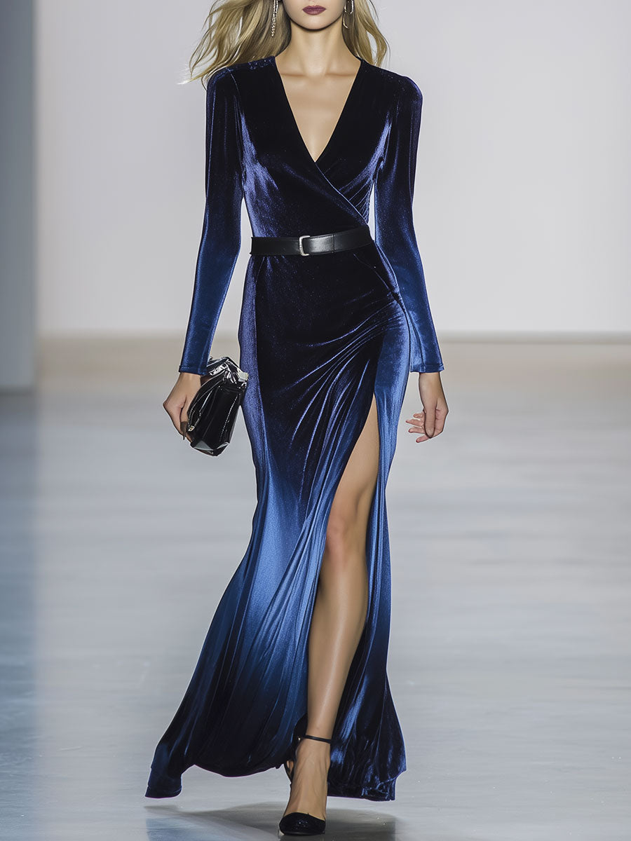 V-Neck Vintage Velvet Long-Sleeved Slit Midi Dress
