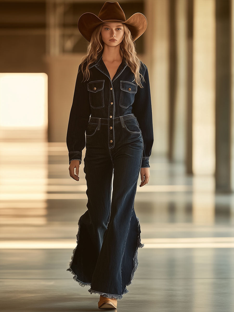 Casual Loose Retro Black Denim Long Sleeve Flared Raw Edge Jumpsuit