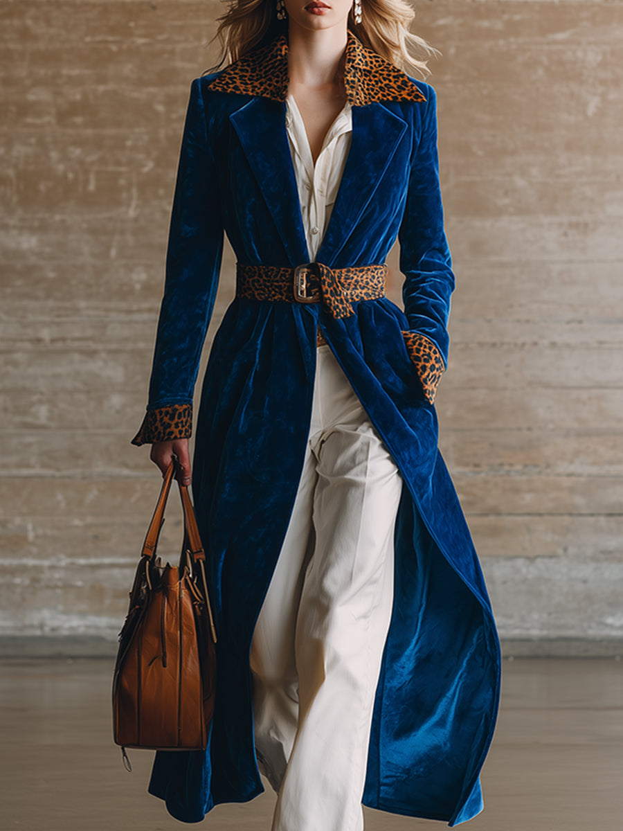 Elegant Vintage Leopard Trim Blue Velvet Lapel Coat