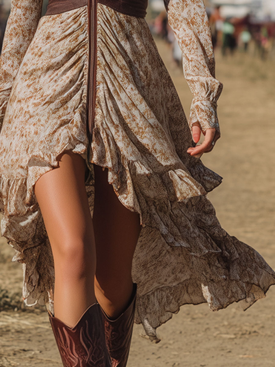 Vintage Bohemian Chiffon Print Zipper Faux Leather Panel Long Sleeve Midi Dress