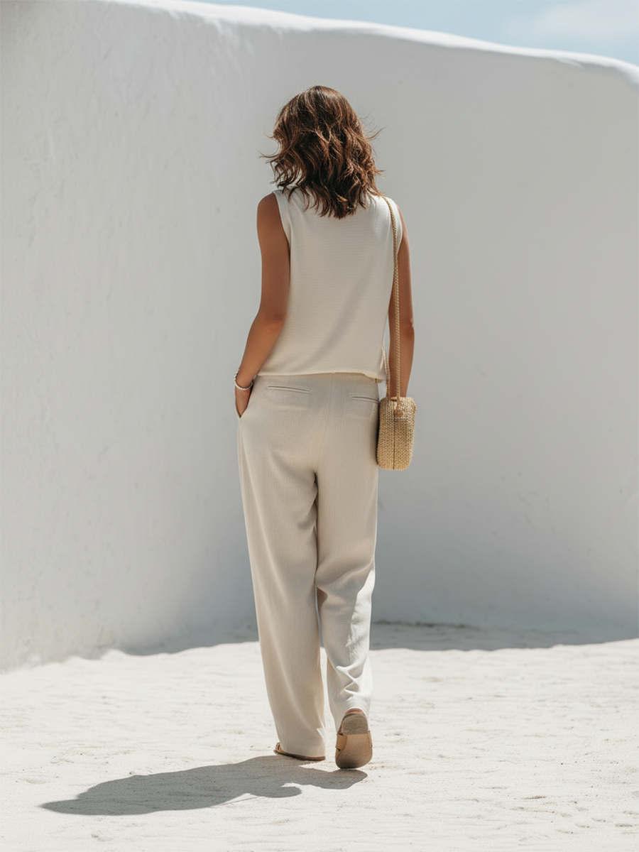Resort-style Off-white Sleeveless Turtleneck Top And Wide-leg Pants Set