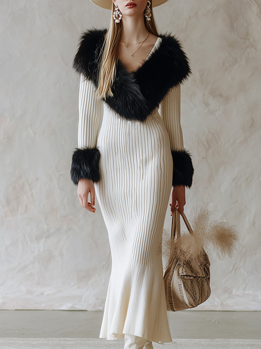 Elegant And Luxurious Faux Fur Detachable Collar White Knitted Maxi Dress