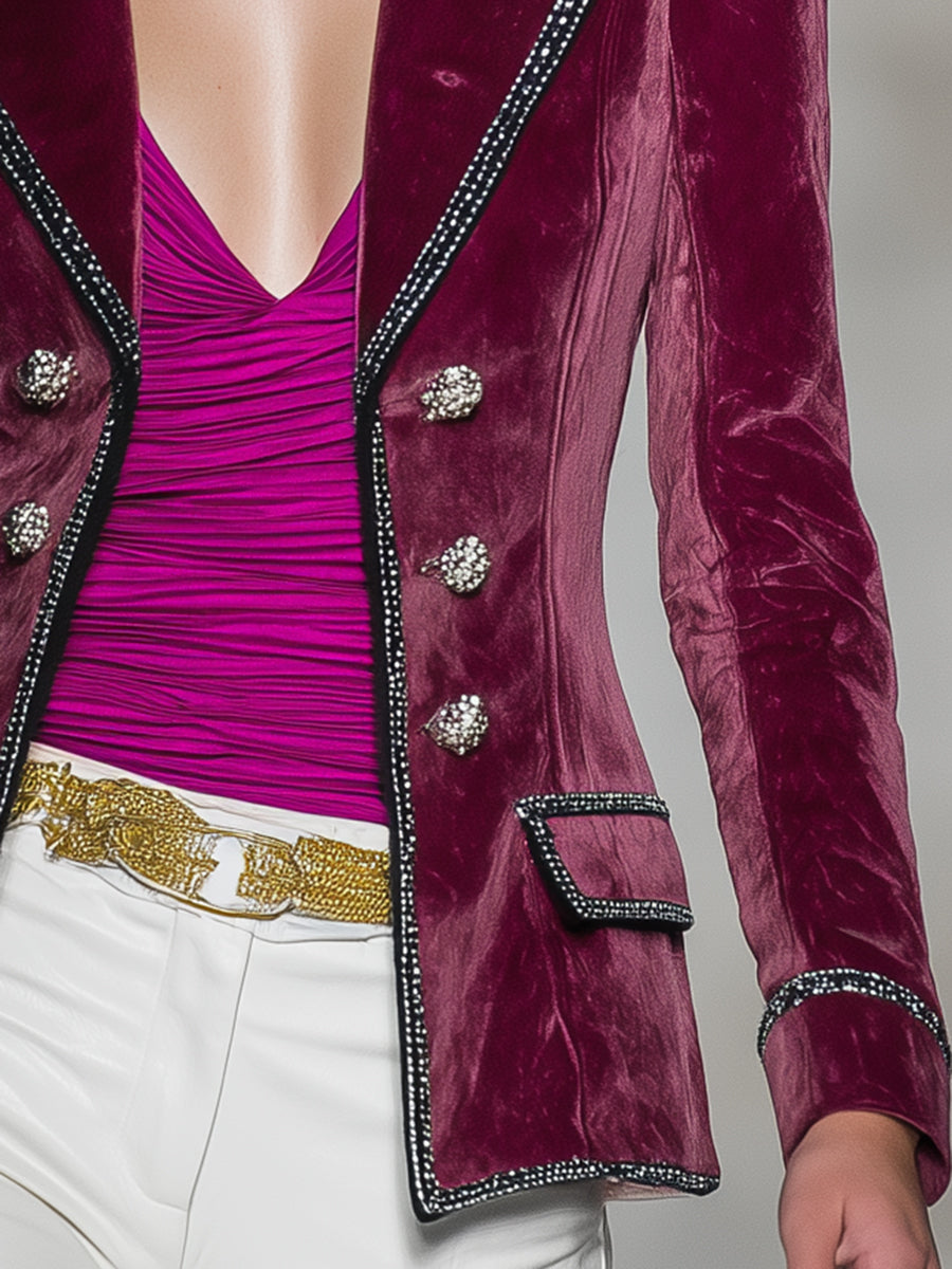 Rose Red Stitching, Black Ribbon And Silver Buttons Blazer