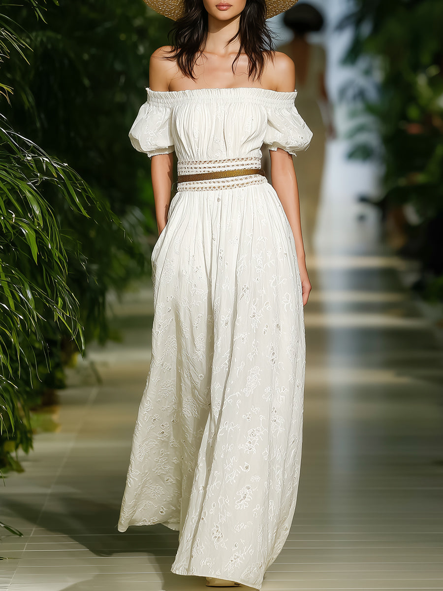 Elegant White Cotton Lace Off-shoulder Puff Sleeve Maxi Dress