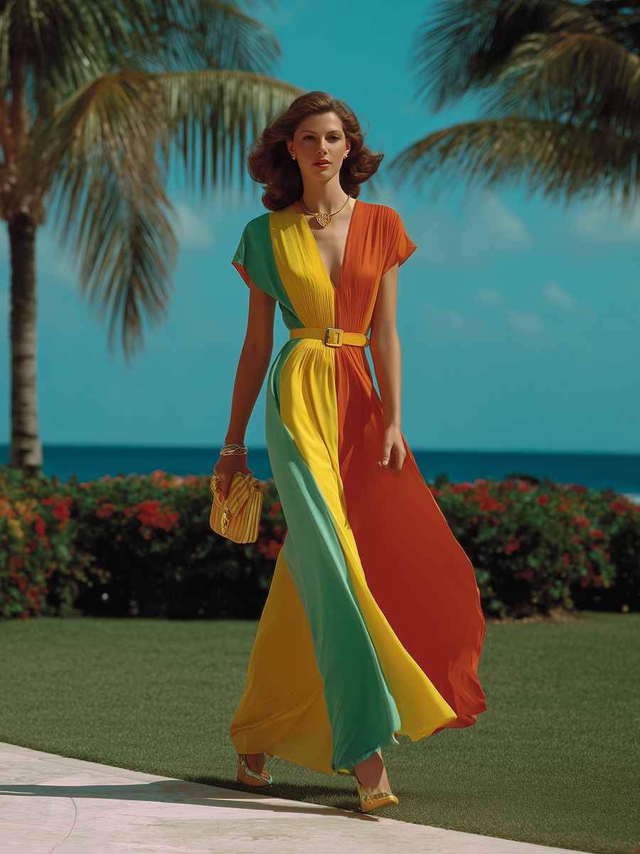 Vacation-style Color-blocked Patchwork Maxi Dress