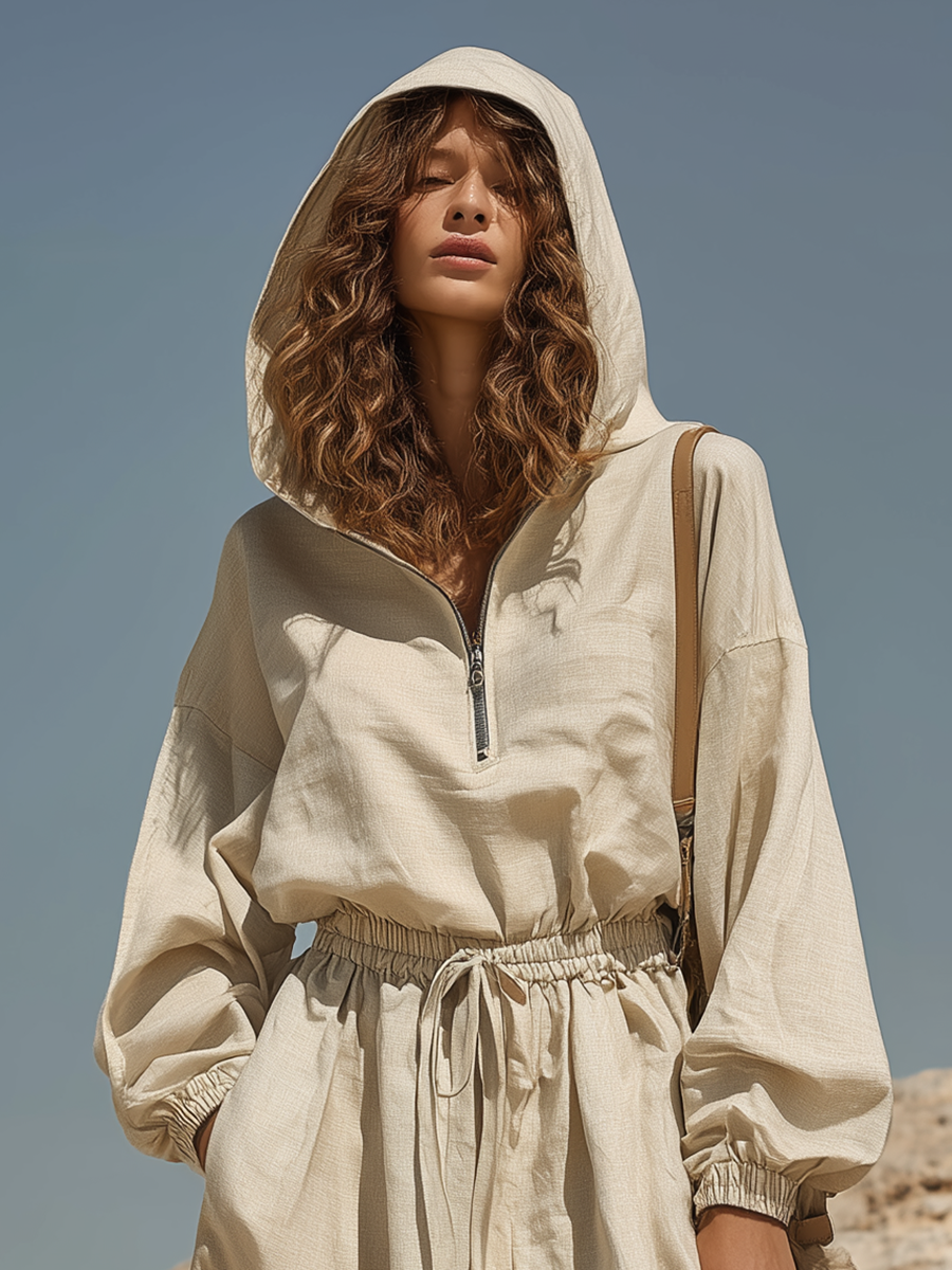 Vacation-style Cotton And Linen Hooded Long-sleeved Maxi Dress
