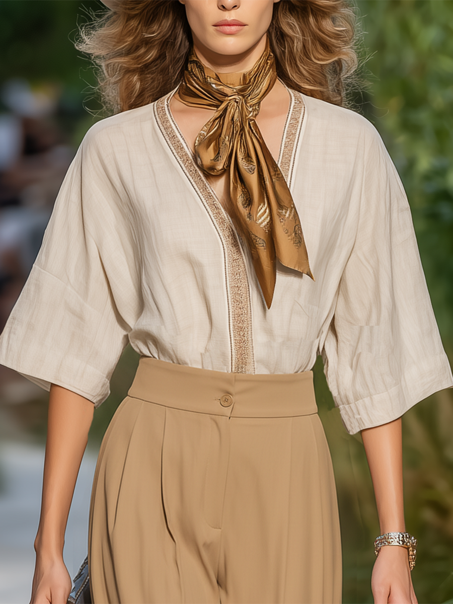 Vacation-style V-neck Short-sleeved Top And Long Pants Set