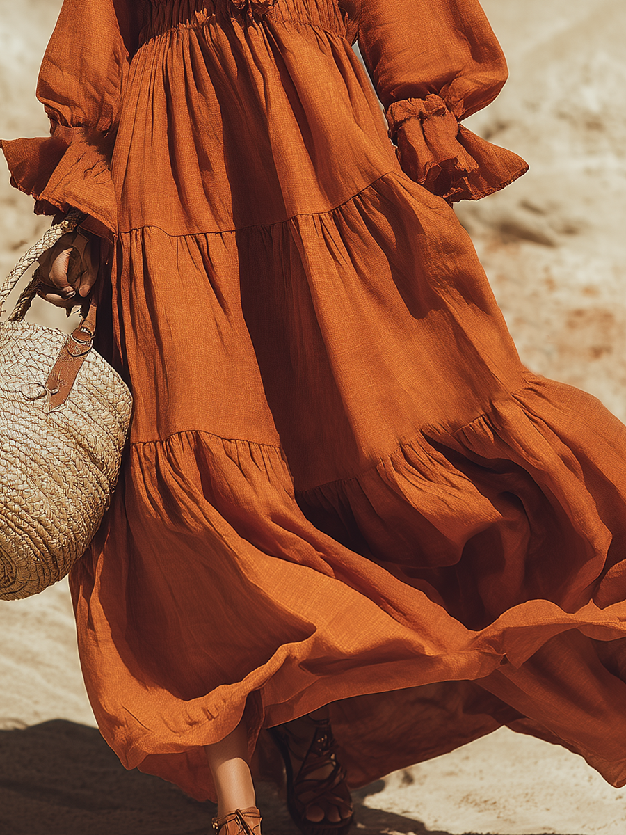 Bohemian V-neck Ruffled Pumpkin-colored Cotton-linen Maxi Dress