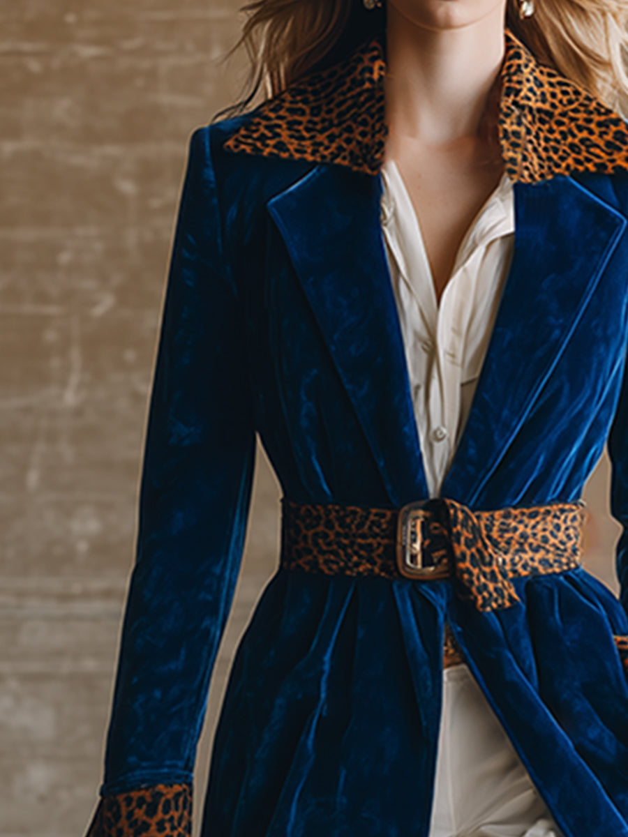 Elegant Vintage Leopard Trim Blue Velvet Lapel Coat