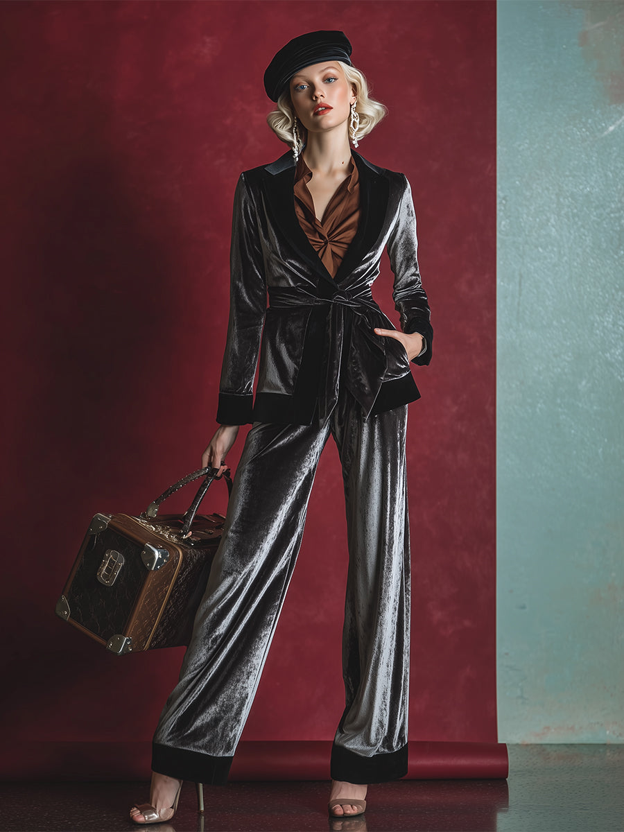 Elegant Loose Gray Velvet Suit Wide-leg Pants Set
