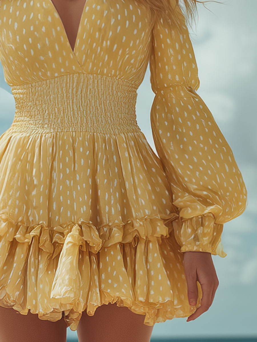 Vibrant And Sweet Yellow Polka Dot Collared Long-sleeved Mini Dress