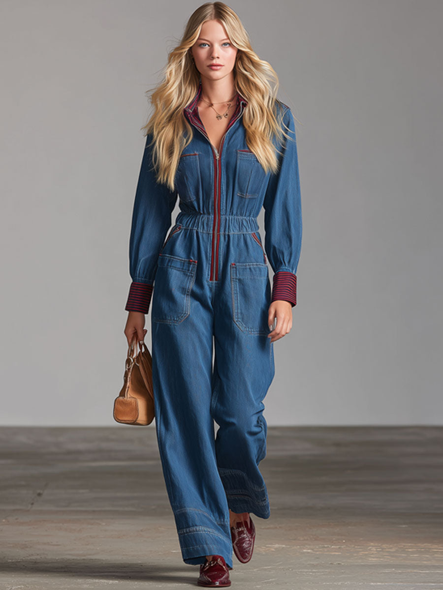 Retro Long-Sleeved Striped Blue Denim Zipper Wide-Leg Jumpsuit