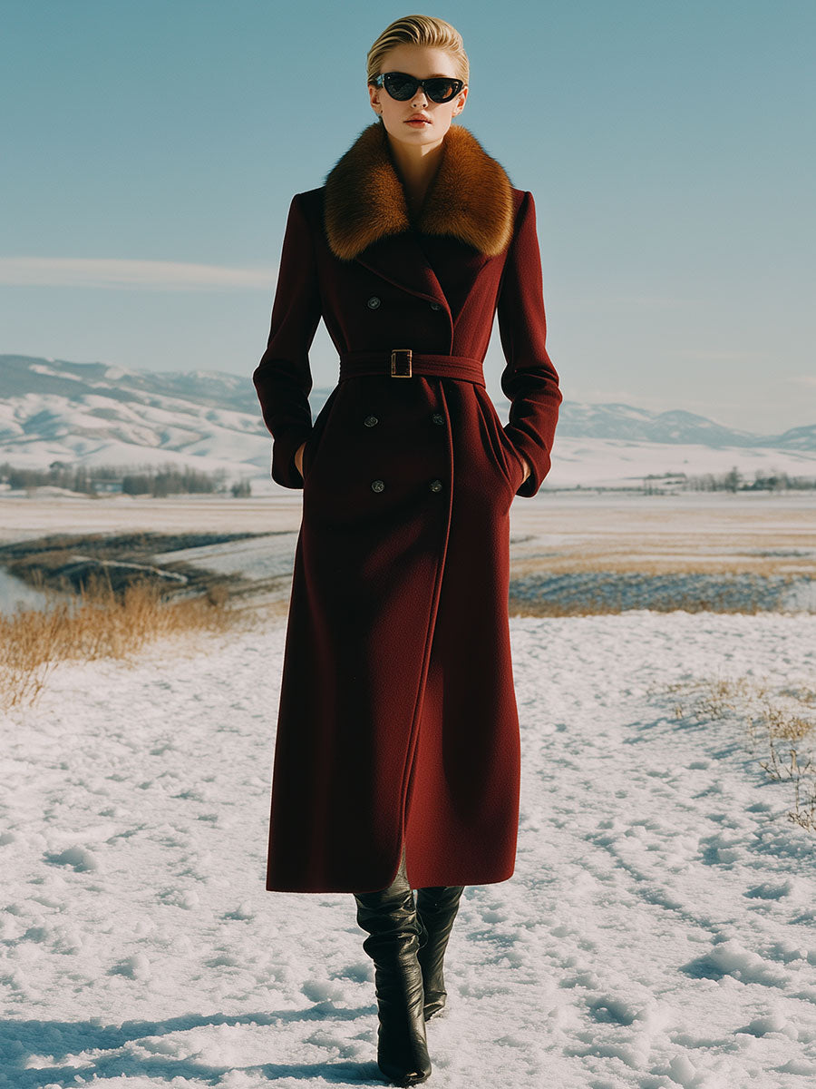 Luxury Waterproof Mink Collar Long Burgundy Wool Coat