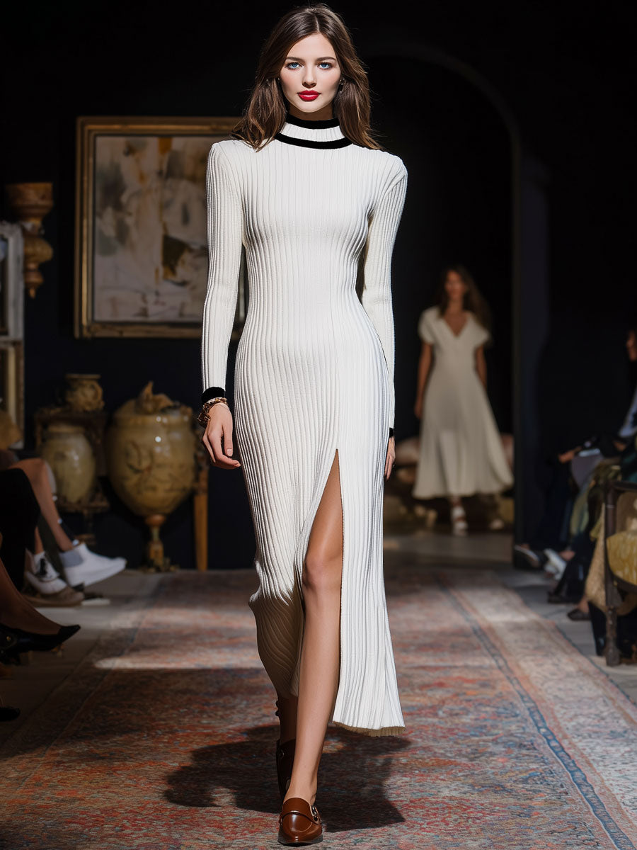 Retro Original Collar Trim White Knitted Ribbed Long Sleeve Slit Midi Dress