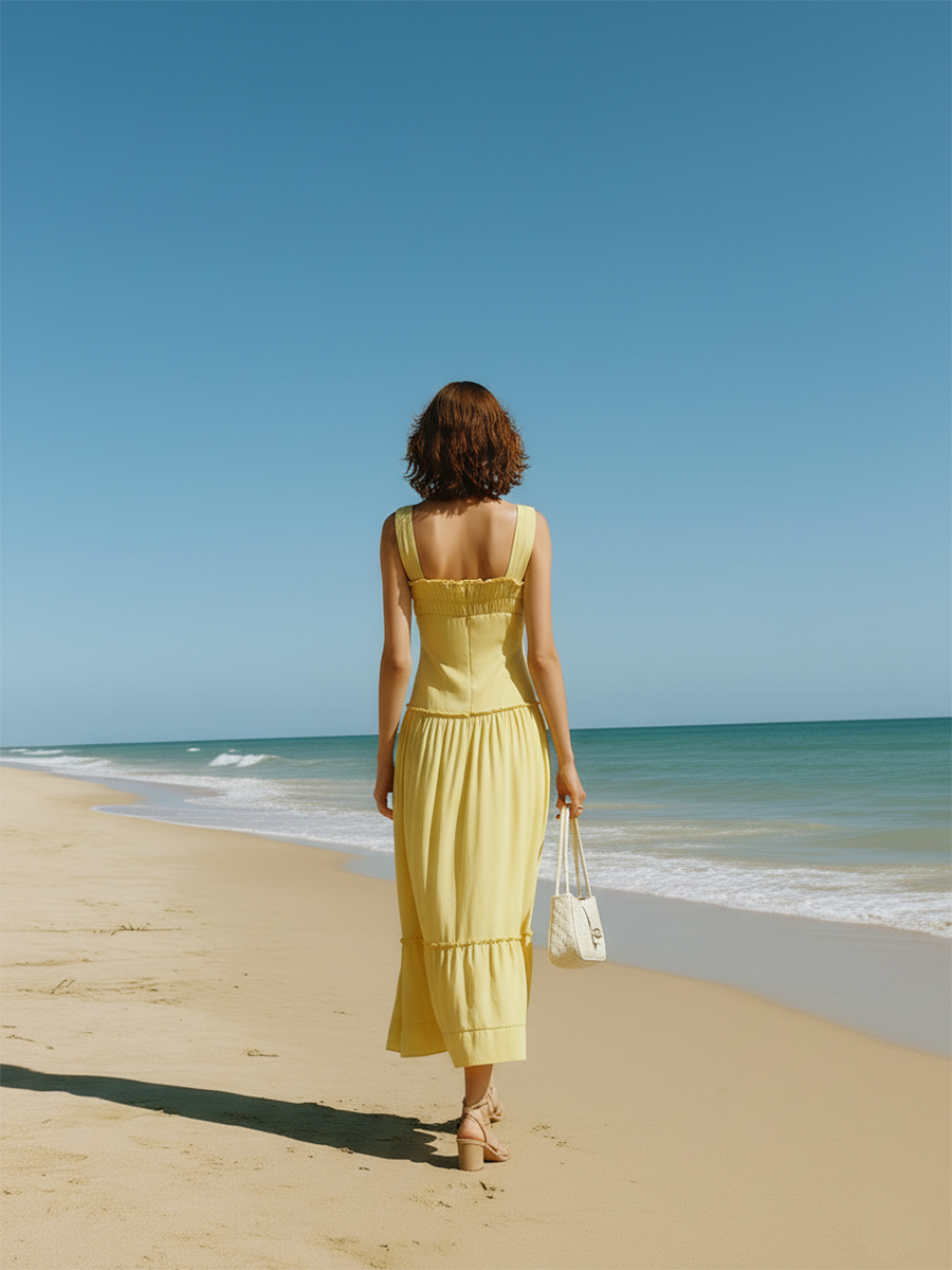 Vacation-style Yellow Cotton Off-the-shoulder Maxi Dress