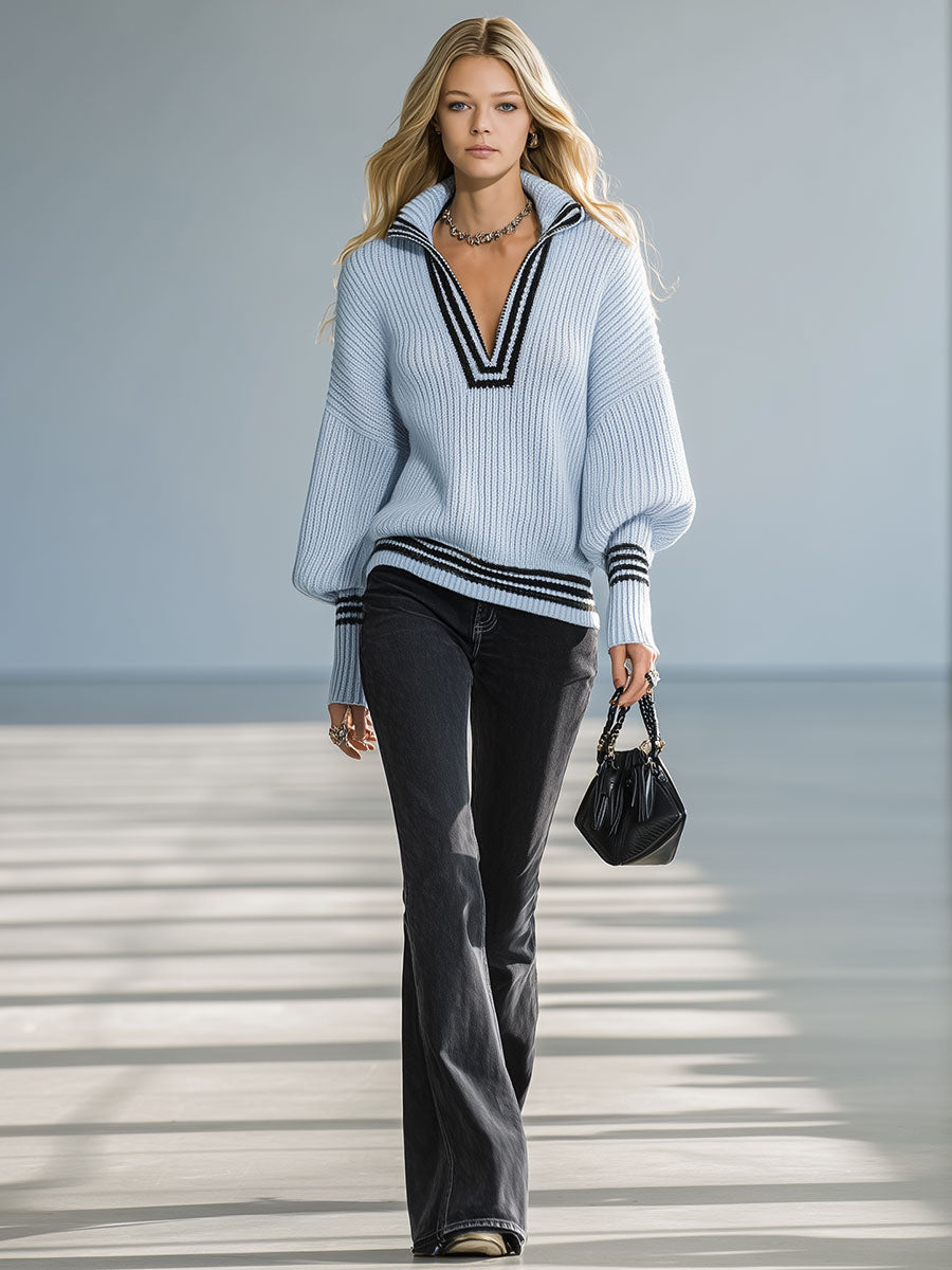 Casual Vintage Blue Half-Zip Sweater