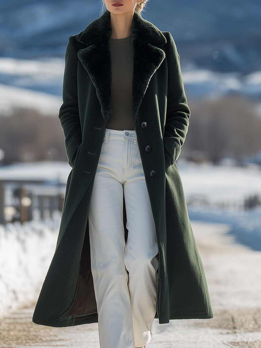 Fashionable And Casual Green Suede Fur Collar Long Coat