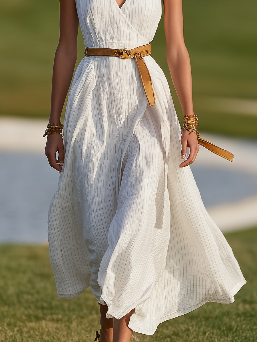 Elegant Resort-style Striped White Cotton V-neck Sleeveless Midi Dress
