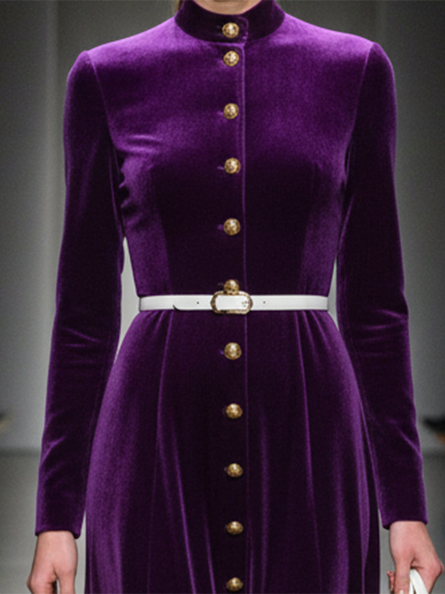 Elegant Purple Velvet Maxi Dress With Gold Buttons
