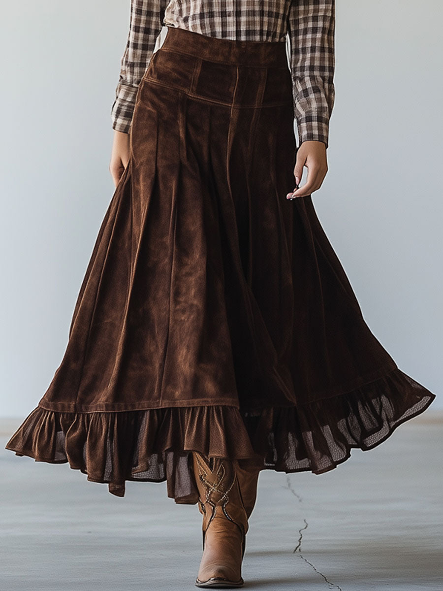 Vintage Cocoa Brown Suede Mesh Splicing A-Line Skirt